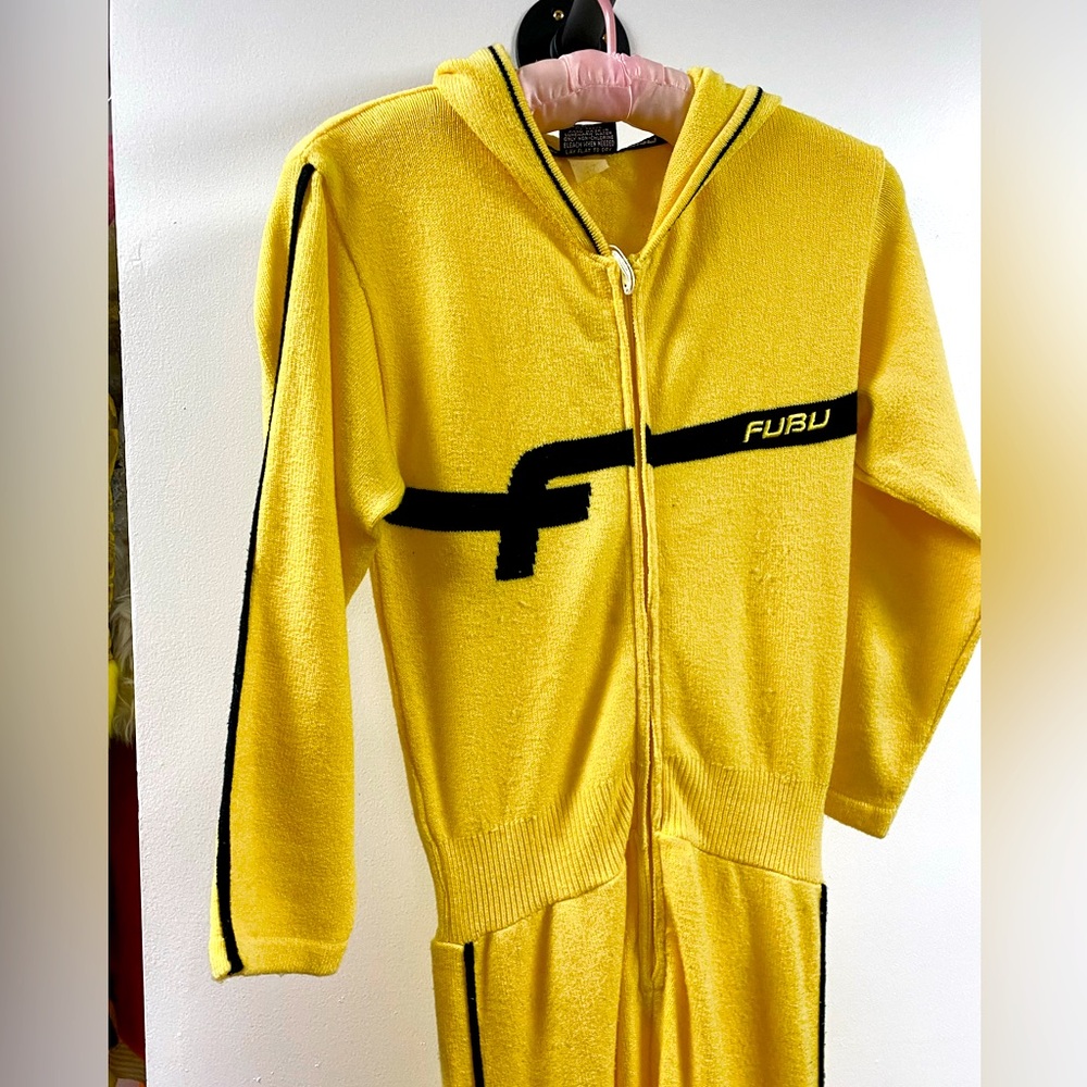 Vintage 90s FUBU banana yellow striped racing jumpsuit RARE